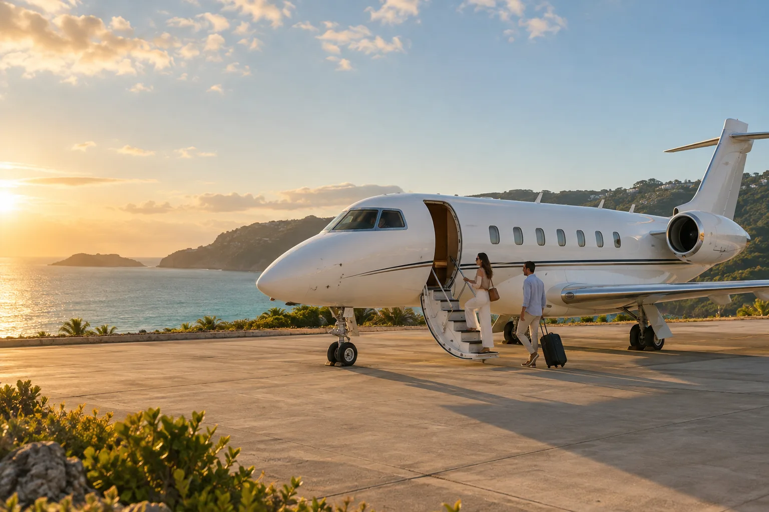 Illustrative scene of friends boarding a private jet beside a sunlit coast