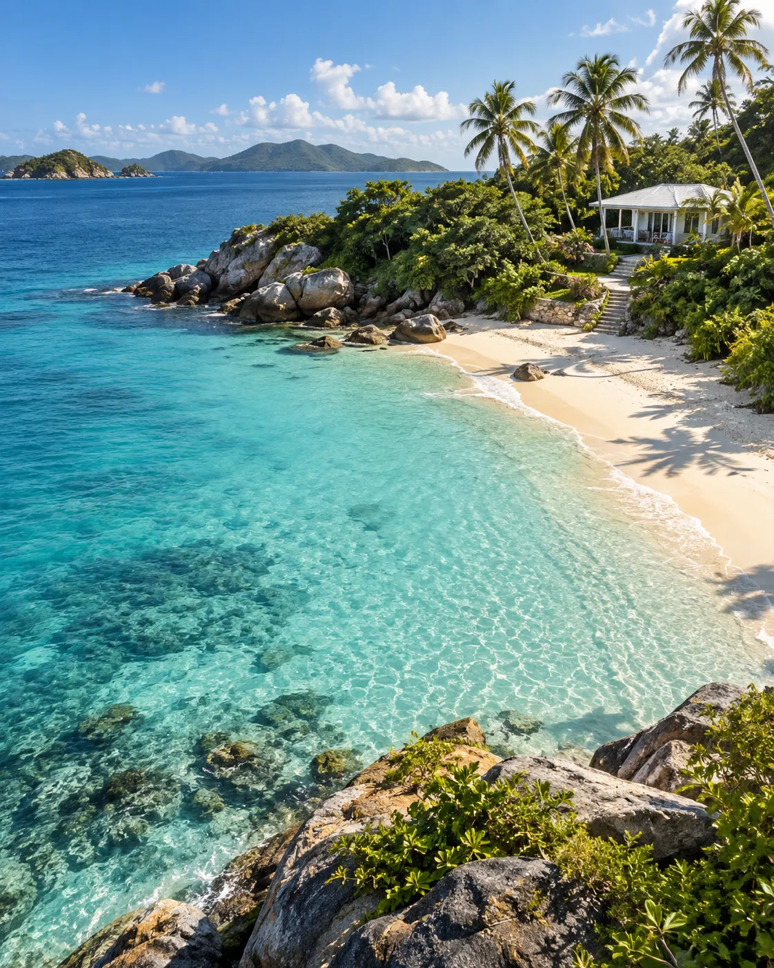 Illustrative turquoise island cove with palm trees and a beach house