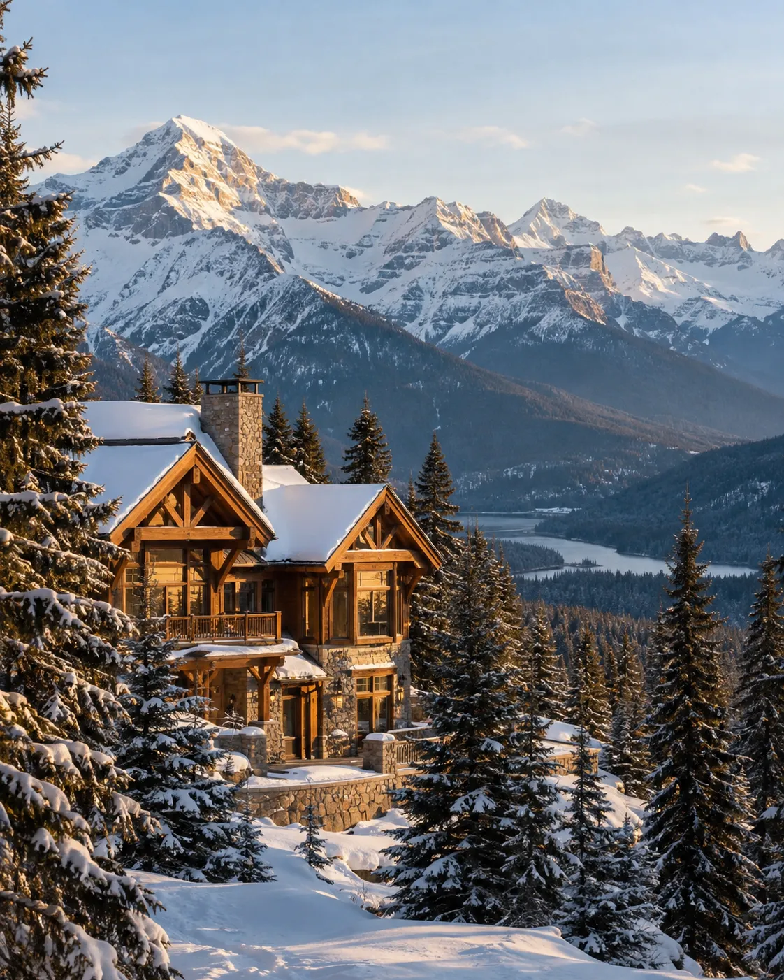 Illustrative mountain lodge among snow-covered peaks and evergreen trees